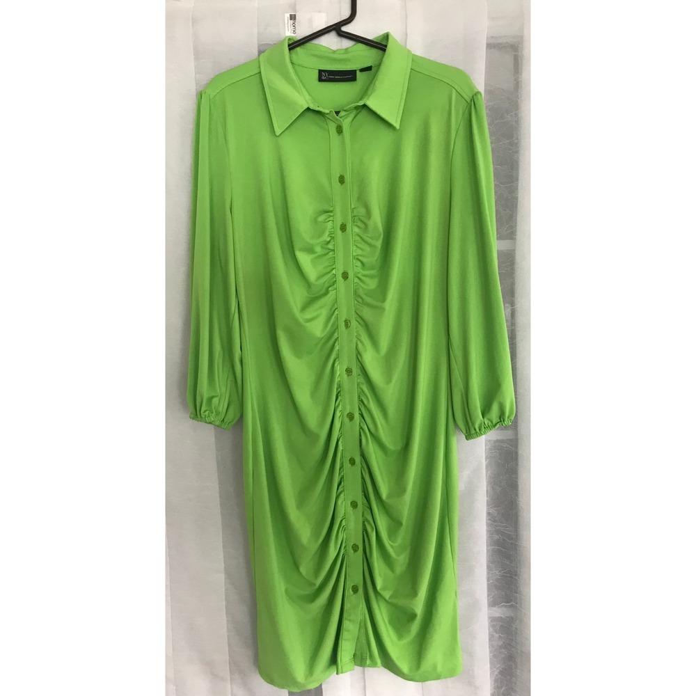 New York & Company Lime Green Ruched Button Front Shirt Dress XL Neon Chartreuse